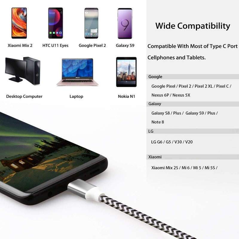 فاسجير كابل USB إلى USB-C بطول 10 أقدام، مجموعة من 2 أكابل من نوع ، مصنوع من النايلون الملتوي، يدعم الشحن السريع، متوافق مع أجهزة Galaxy Note 8، 9، S8/S9/S10/S10+، LG V20، G6 وغيرها (الألوان: الأسود/الأبيض) - Image 5