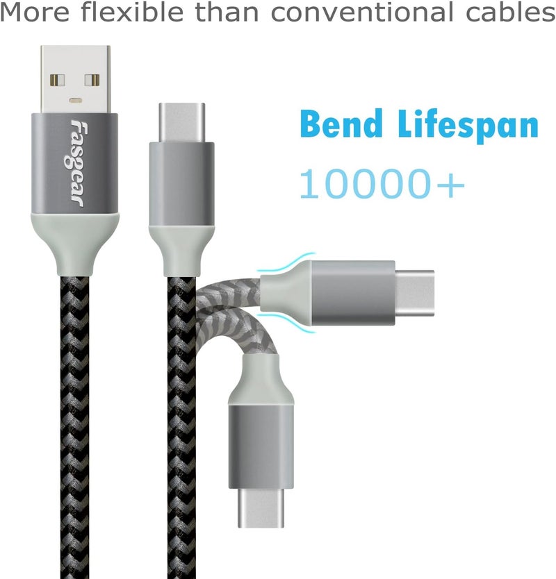 فاسجير كابل USB إلى USB-C بطول 10 أقدام، مجموعة من 2 أكابل من نوع ، مصنوع من النايلون الملتوي، يدعم الشحن السريع، متوافق مع أجهزة Galaxy Note 8، 9، S8/S9/S10/S10+، LG V20، G6 وغيرها (الألوان: الأسود/الأبيض) - Image 2