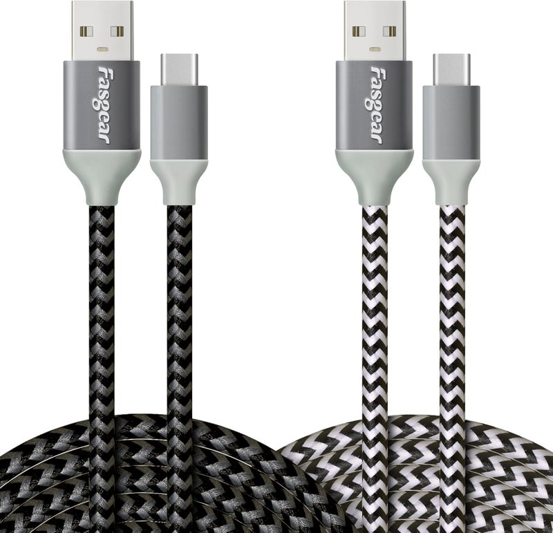 فاسجير كابل USB إلى USB-C بطول 10 أقدام، مجموعة من 2 أكابل من نوع ، مصنوع من النايلون الملتوي، يدعم الشحن السريع، متوافق مع أجهزة Galaxy Note 8، 9، S8/S9/S10/S10+، LG V20، G6 وغيرها (الألوان: الأسود/الأبيض) - Image 1