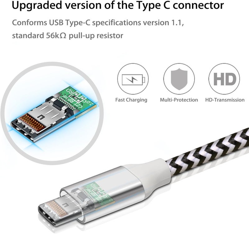 فاسجير كابل USB إلى USB-C بطول 10 أقدام، مجموعة من 2 أكابل من نوع ، مصنوع من النايلون الملتوي، يدعم الشحن السريع، متوافق مع أجهزة Galaxy Note 8، 9، S8/S9/S10/S10+، LG V20، G6 وغيرها (الألوان: الأسود/الأبيض) - Image 3