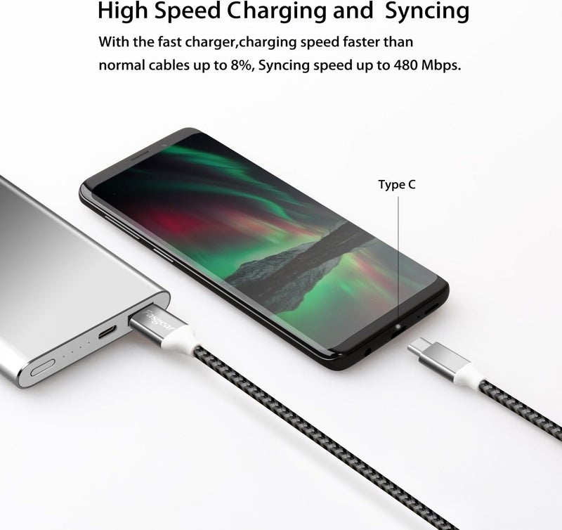 فاسجير كابل USB إلى USB-C بطول 10 أقدام، مجموعة من 2 أكابل من نوع ، مصنوع من النايلون الملتوي، يدعم الشحن السريع، متوافق مع أجهزة Galaxy Note 8، 9، S8/S9/S10/S10+، LG V20، G6 وغيرها (الألوان: الأسود/الأبيض) - Image 4