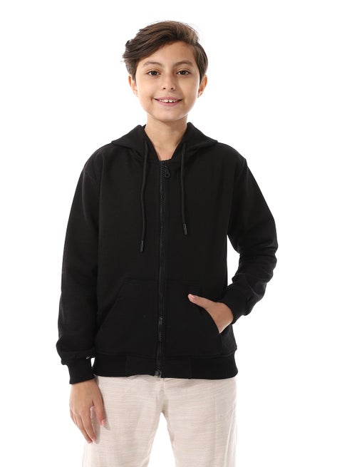 Boys Hooded Long Sleeves Plain Side Pockets Sweatshirt _ Black