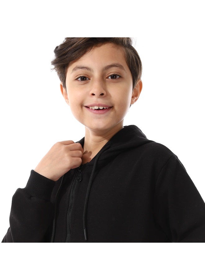 Boys Hooded Long Sleeves Plain Side Pockets Sweatshirt _ Black