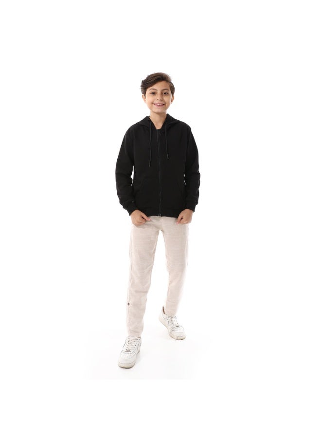 Boys Hooded Long Sleeves Plain Side Pockets Sweatshirt _ Black