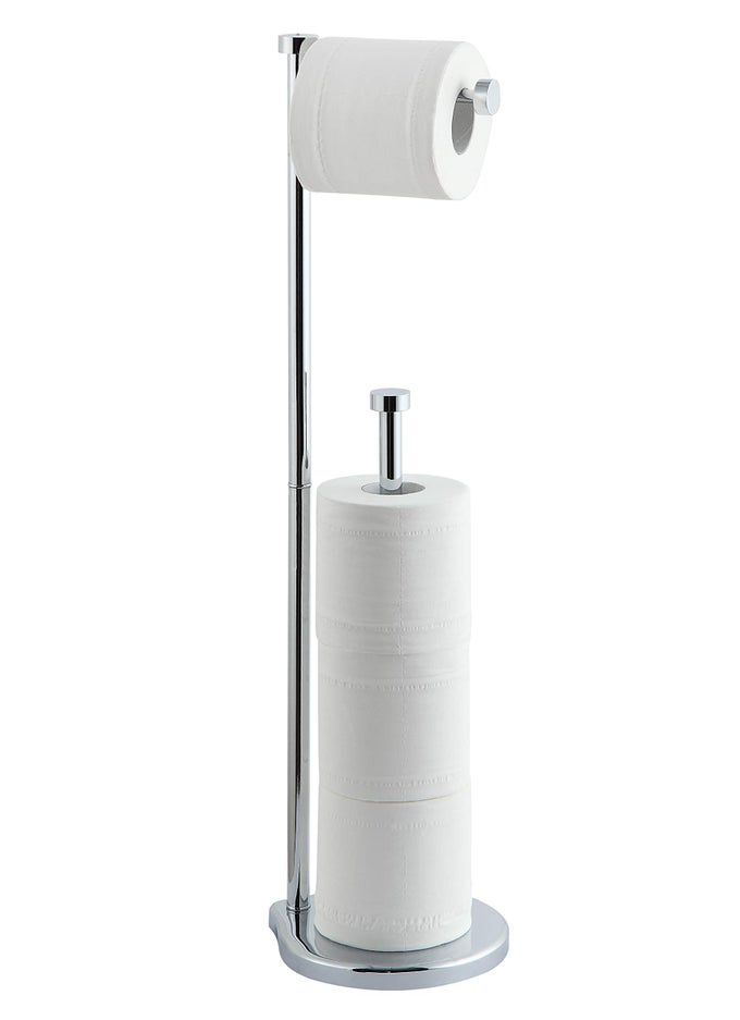 FREE STANDING BATHROOM TOILET PAPER HOLDER STAND WITH RESERVE RESERVE AREA HAS ENOUGH SPACE FOR JUMBO ROLL CHROME