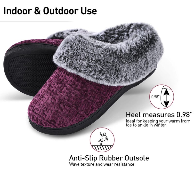 DL Women's House Slippers with Fuzzy Plush Faux Fur Collar, Memory Foam Slip on House Shoes with Indoor Outdoor Anti-Skid Rubber Sole, Purple, 9-10 - Image 3