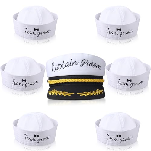 JaGely 7 Pcs Bachelor Party Favors Include 1 Captain Groom Hat and 6 Groom Sailor Hat Bachelor Party Decorations Accessories - Image 1