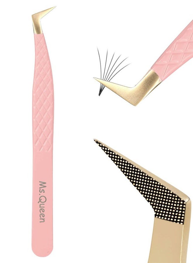 Ms.Queen Fiber Tip Lash Tweezers,Diamond Grip L-Shape Volume Boot Tweezers for Mega Volume Mink Lashes Make Fans - Image 1