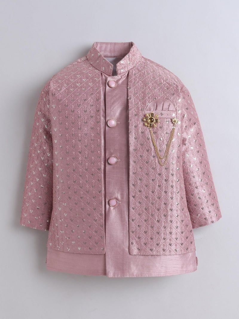 AHHAAAA Boy's Ethnic Cotton Silk Blend Nehru Modi Jacket Kurta & Pyjama Set for Boys|Sequin Embellished Ethnic Set|Ideal for any Festivals/Weddings Occasion|Pink, 8-9 Years| - Image 3