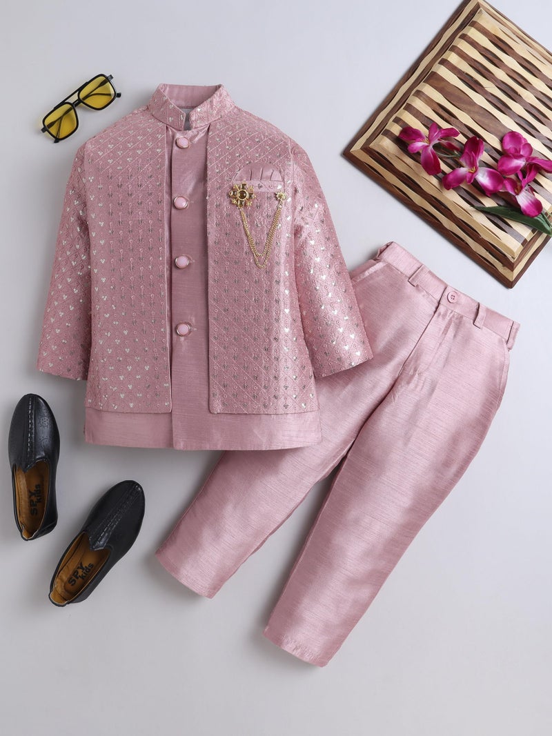 AHHAAAA Boy's Ethnic Cotton Silk Blend Nehru Modi Jacket Kurta & Pyjama Set for Boys|Sequin Embellished Ethnic Set|Ideal for any Festivals/Weddings Occasion|Pink, 8-9 Years| - Image 2