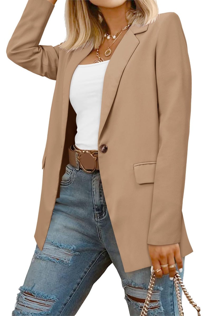 CRAZY GRID Women Business Casual Blazer Jacket Long Sleeve Fashion Blazer Ladies Buttons Work Professional Suit Jacket Oversized 2XL Khaki - Image 1