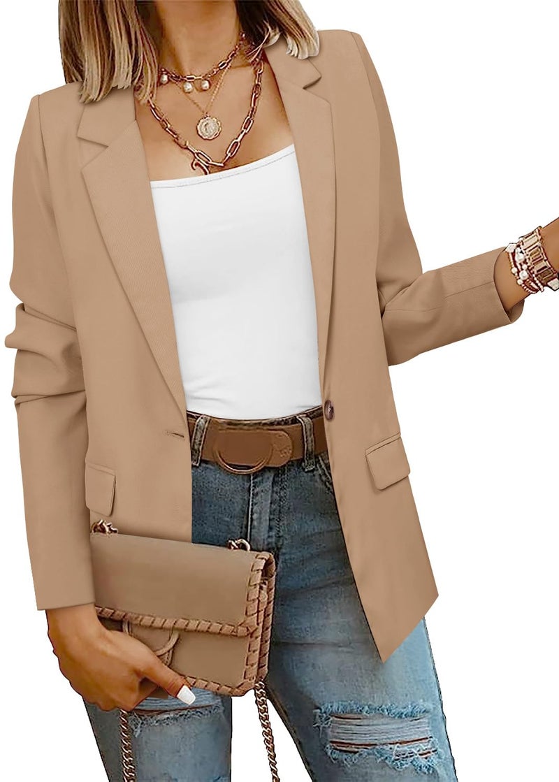 CRAZY GRID Women Business Casual Blazer Jacket Long Sleeve Fashion Blazer Ladies Buttons Work Professional Suit Jacket Oversized 2XL Khaki - Image 2