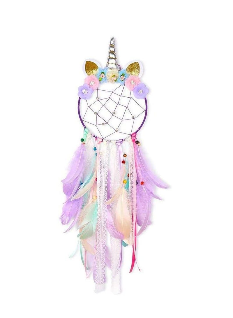 كابتن تيك Dream Catchers Unicorn with Colorful Led Light Feather Flower for Girls Boys Bedroom Wall Decor Hanging Decoration Ornament Birthday Festival Gift Pink Battery Not Included - Image 1