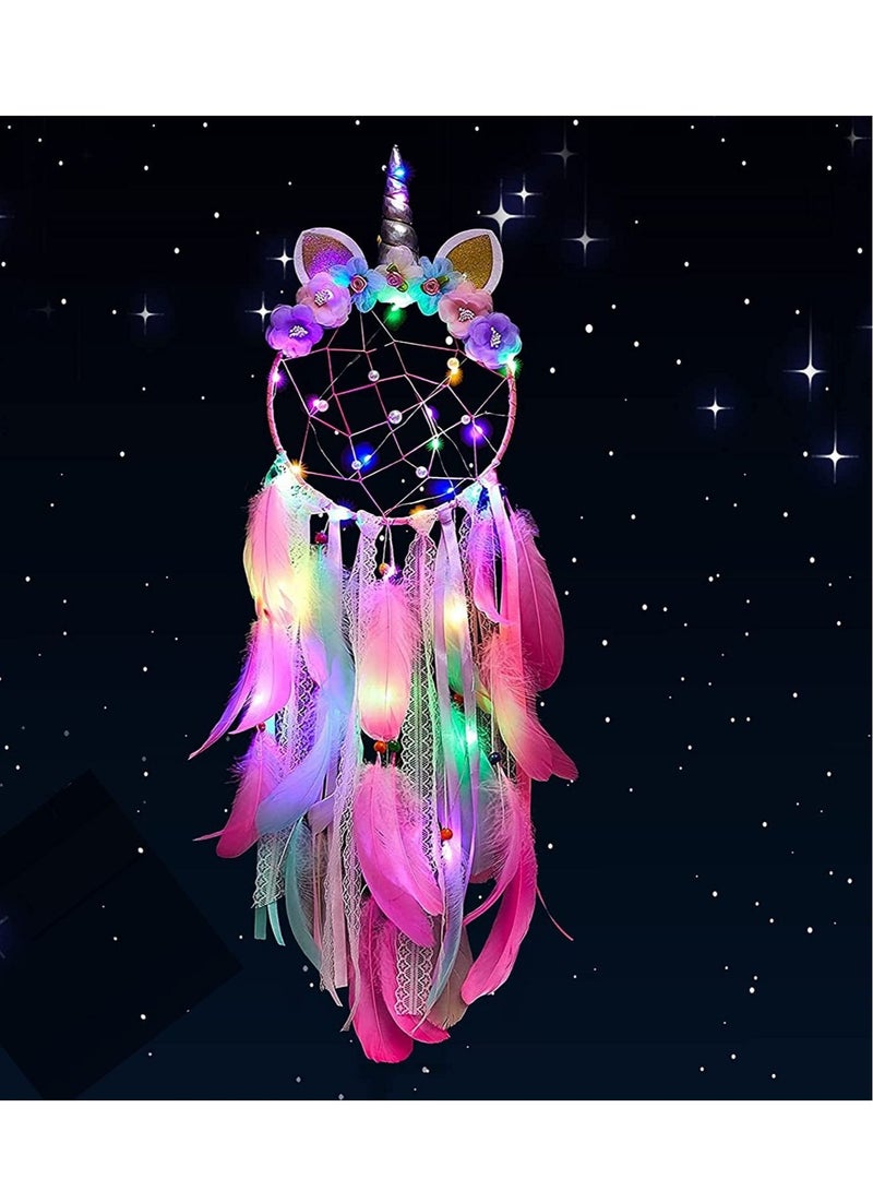 كابتن تيك Dream Catchers Unicorn with Colorful Led Light Feather Flower for Girls Boys Bedroom Wall Decor Hanging Decoration Ornament Birthday Festival Gift Pink Battery Not Included - Image 2