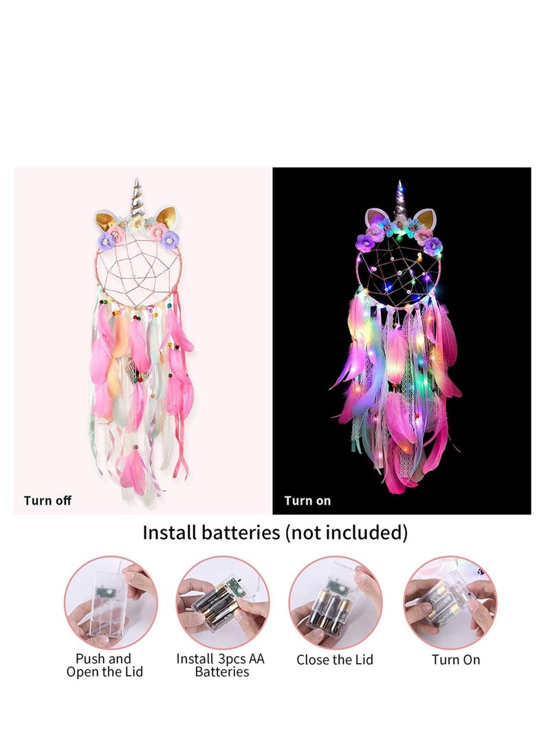 كابتن تيك Dream Catchers Unicorn with Colorful Led Light Feather Flower for Girls Boys Bedroom Wall Decor Hanging Decoration Ornament Birthday Festival Gift Pink Battery Not Included - Image 3