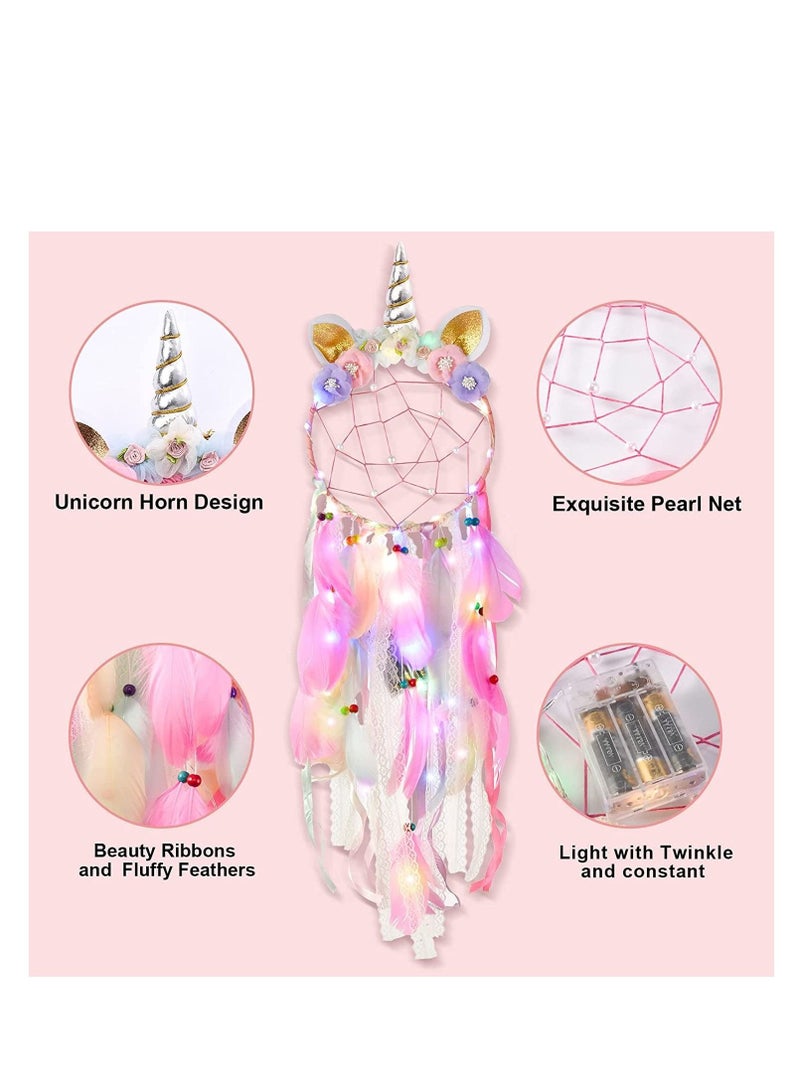 كابتن تيك Dream Catchers Unicorn with Colorful Led Light Feather Flower for Girls Boys Bedroom Wall Decor Hanging Decoration Ornament Birthday Festival Gift Pink Battery Not Included - Image 4