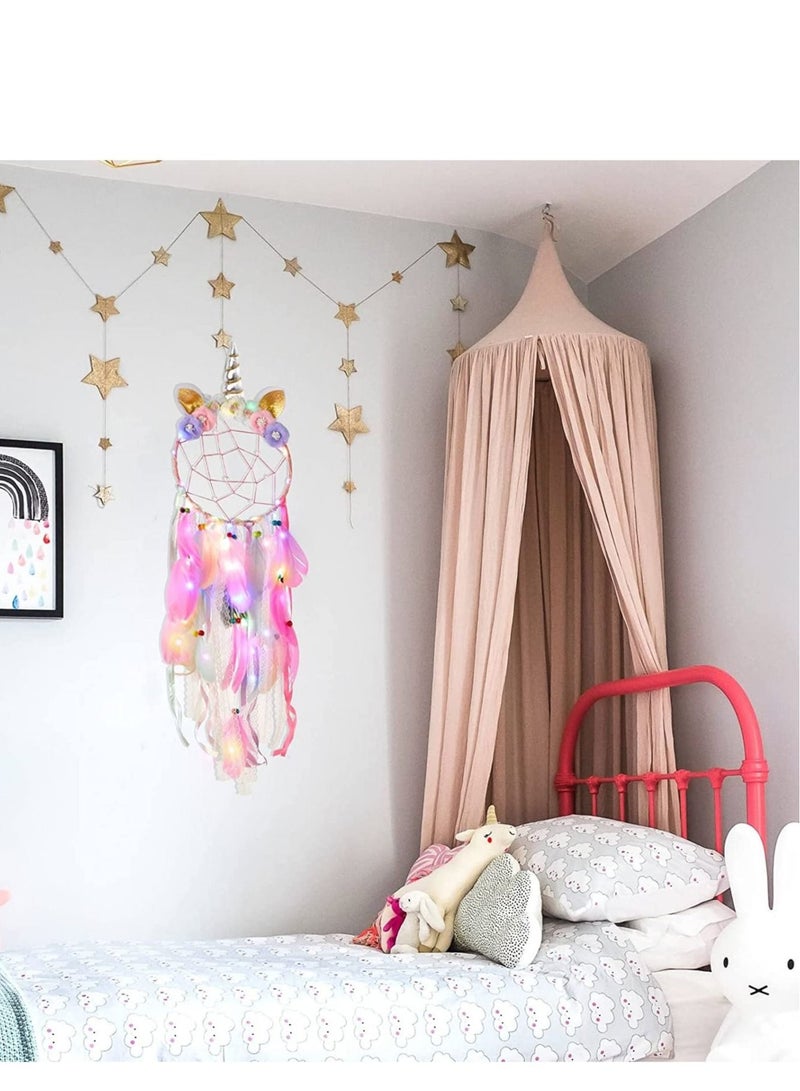 كابتن تيك Dream Catchers Unicorn with Colorful Led Light Feather Flower for Girls Boys Bedroom Wall Decor Hanging Decoration Ornament Birthday Festival Gift Pink Battery Not Included - Image 5