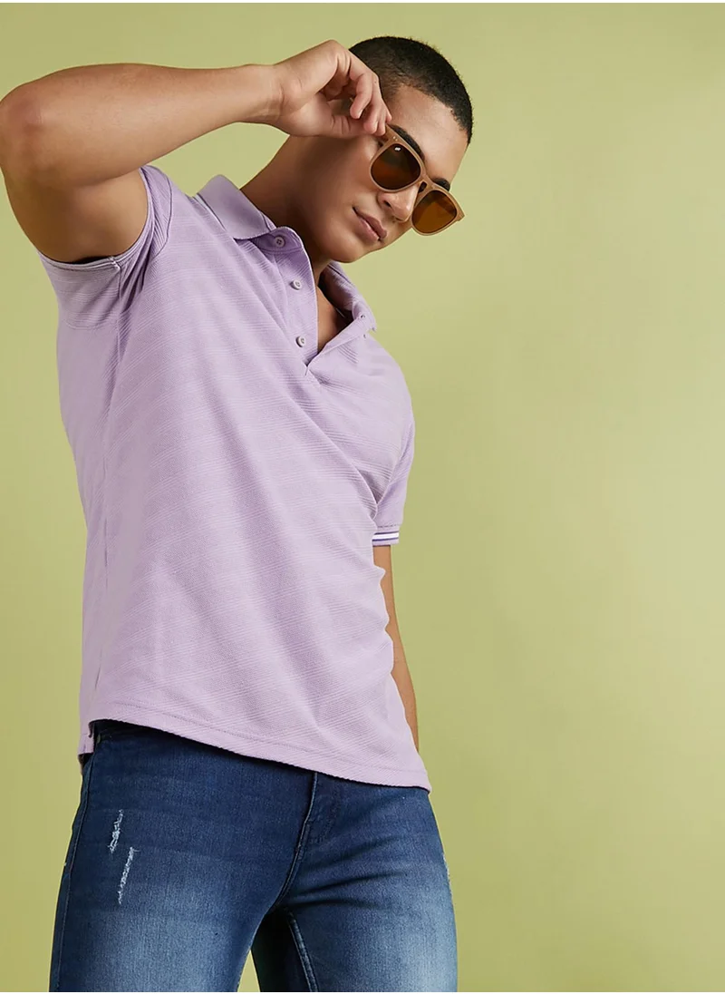 كامبوس سوترا Campus Sutra Men's Lavender Self-Design Regimental Stripe T-Shirt For Casual Wear | Spread Collar | Short Sleeve | Half-Button Closure | Polycotton T-Shirt Crafted With Comfort Fit For Everyday Wear