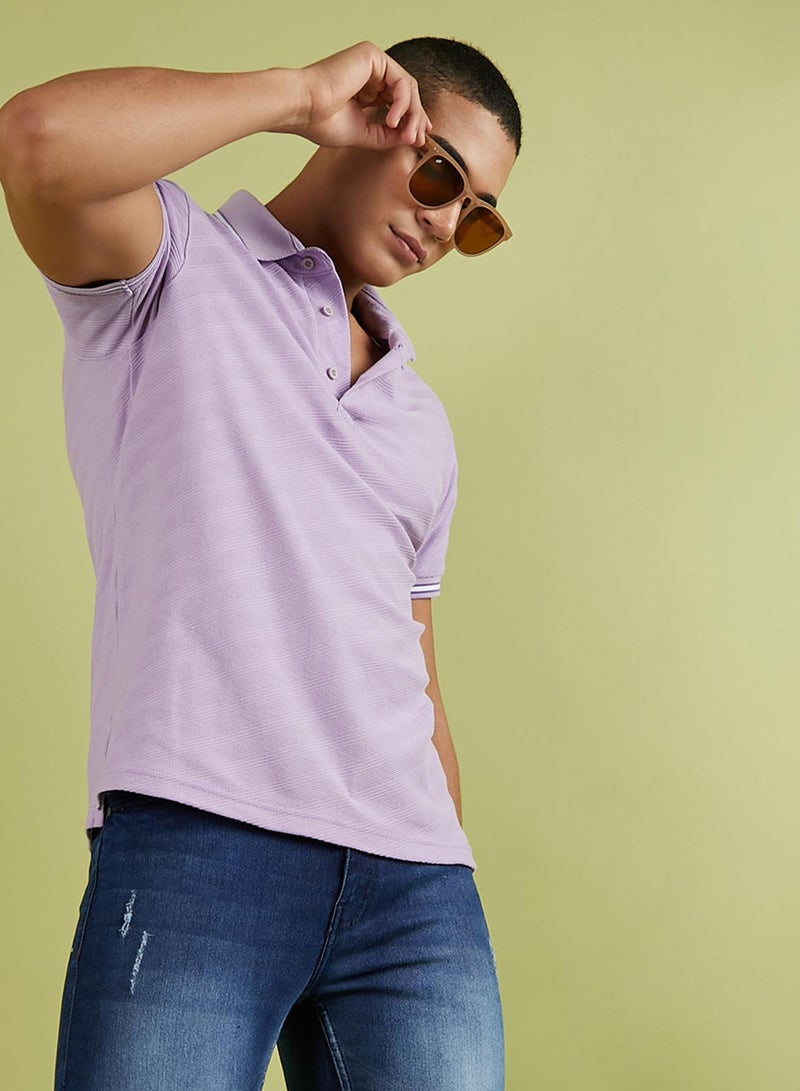 Campus Sutra Campus Sutra Men's Lavender Self-Design Regimental Stripe T-Shirt For Casual Wear | Spread Collar | Short Sleeve | Half-Button Closure | Polycotton T-Shirt Crafted With Comfort Fit For Everyday Wear - Image 1