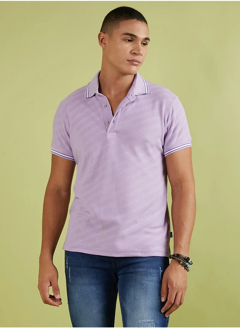 كامبوس سوترا Campus Sutra Men's Lavender Self-Design Regimental Stripe T-Shirt For Casual Wear | Spread Collar | Short Sleeve | Half-Button Closure | Polycotton T-Shirt Crafted With Comfort Fit For Everyday Wear