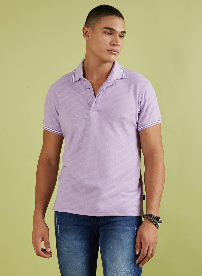 Campus Sutra Campus Sutra Men's Lavender Self-Design Regimental Stripe T-Shirt For Casual Wear | Spread Collar | Short Sleeve | Half-Button Closure | Polycotton T-Shirt Crafted With Comfort Fit For Everyday Wear - Image 2