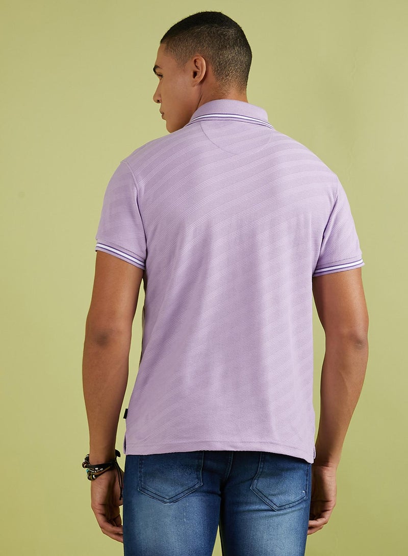 Campus Sutra Campus Sutra Men's Lavender Self-Design Regimental Stripe T-Shirt For Casual Wear | Spread Collar | Short Sleeve | Half-Button Closure | Polycotton T-Shirt Crafted With Comfort Fit For Everyday Wear - Image 5