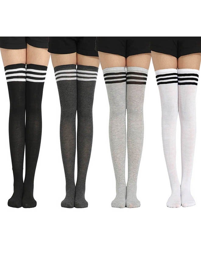 KUAZIVI High Thigh Socks 4 Pairs Women Stripe Tube Dresses Over the Knee Long Stockings - Image 1