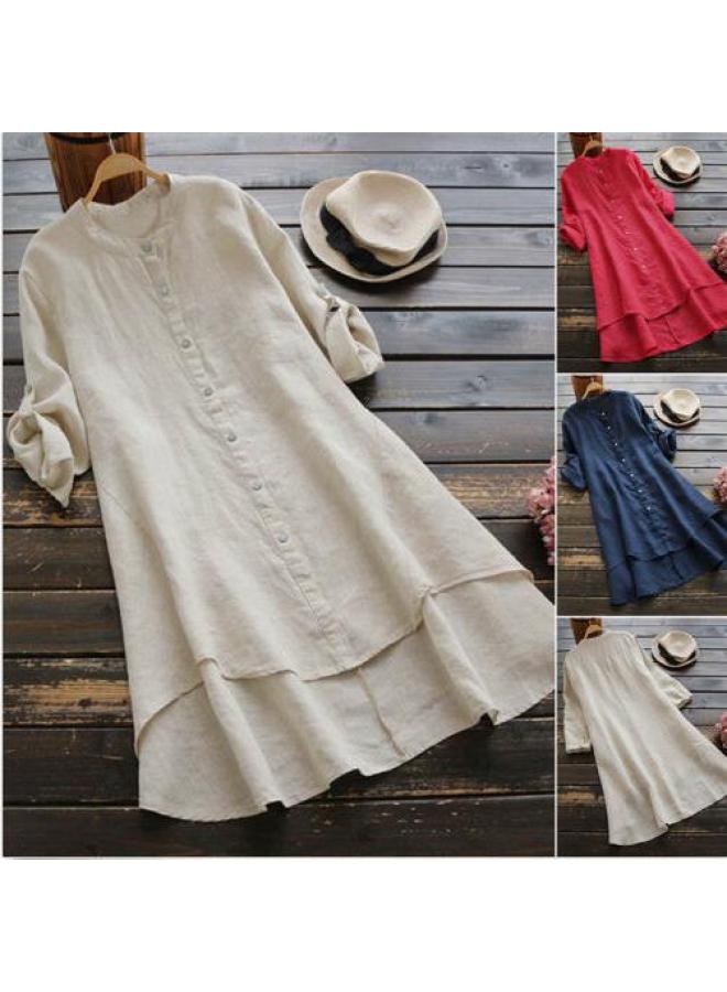 VUELO Spring And Summer New Women's Solid Color Button Cotton And Linen Long Sleeve Long Shirt - Image 2