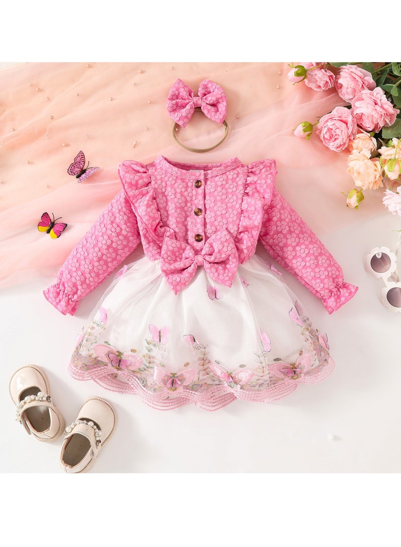 Baby Girl Birthday Party Dress, 9-12M, Elegant Floral Tulle Dress with Butterfly Bow, Special Occasion Toddler Outfit, Long Sleeve Princess Dress, 42cm Long - Image 1