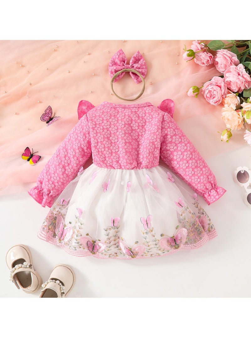 Baby Girl Birthday Party Dress, 9-12M, Elegant Floral Tulle Dress with Butterfly Bow, Special Occasion Toddler Outfit, Long Sleeve Princess Dress, 42cm Long - Image 2