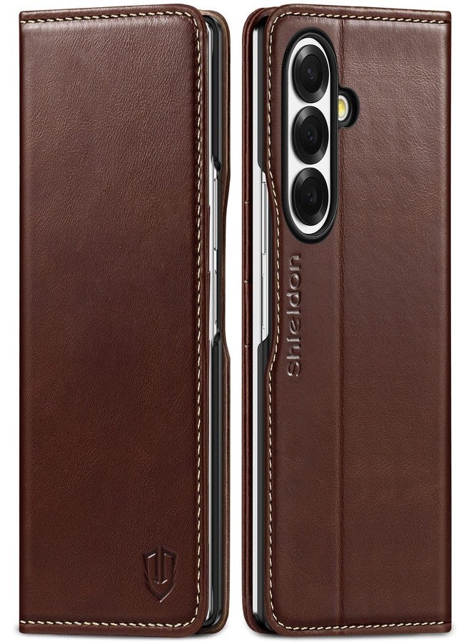 SHIELDON Genuine Leather Wallet Case for Galaxy Z Fold7 5G (8.0-inch), RFID Blocking Card Holder, Kickstand, Magnetic Closure, Full Protection, Shock Absorbing, Shockproof Flip Cover - Retro Coffee - Image 1