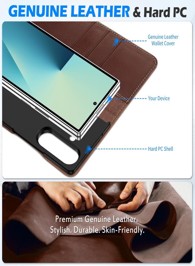 SHIELDON Genuine Leather Wallet Case for Galaxy Z Fold7 5G (8.0-inch), RFID Blocking Card Holder, Kickstand, Magnetic Closure, Full Protection, Shock Absorbing, Shockproof Flip Cover - Retro Coffee - Image 3