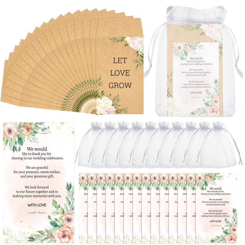 Teling Teling 300 Packs Wedding Favors for Guests Set Include 100 Self Adhesive Seed Packets Kraft Let Love Grow Seed Envelopes 100 Thank You Cards 100 Organza Gift Bags Wedding PartyBrown