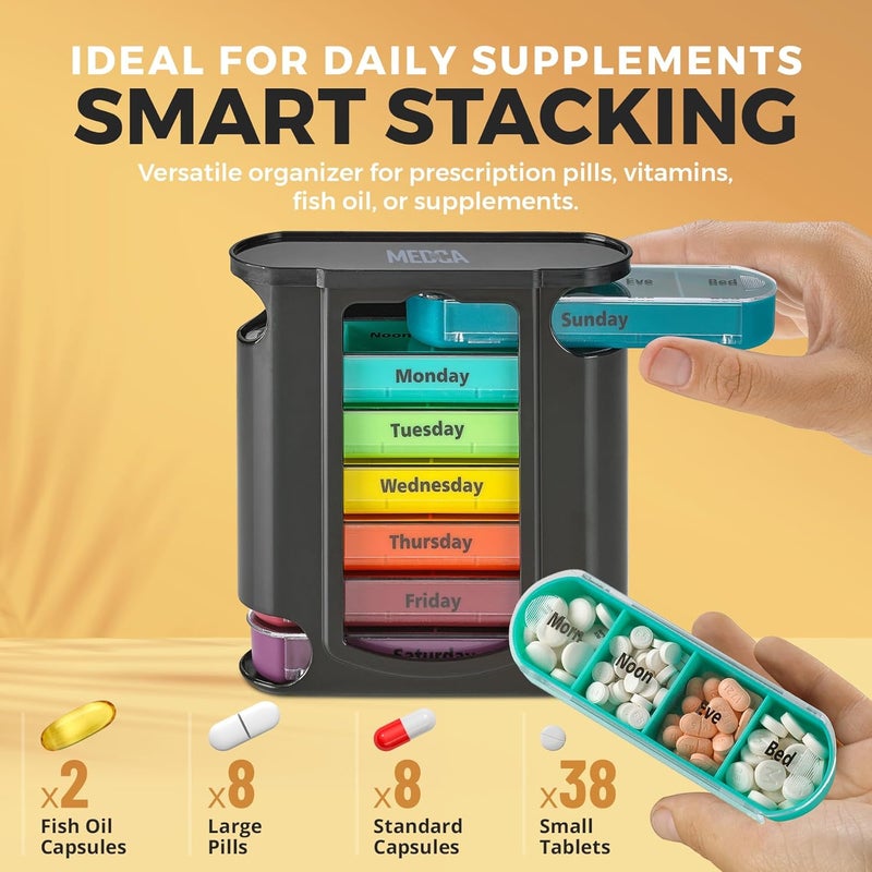 MEDca Stackable Daily Pill Organizer - (4 Times a Day) Weekly Medication Reminder - Premium Weekly AM/PM Pill Box with 7 Individual Stacking Cases, a Everyday Medicine Organizer for Vitamins - Image 4