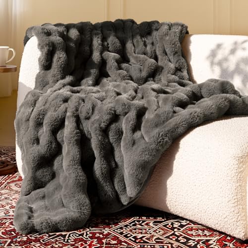 blunique Ultra Soft Cozy Faux Fur Throw Blanket-Fuzzy Plush Thick Bubble Blanket, Fluffy Blanket for Couch, Sofa, Bedroom, and Living Room, 50x60 Inches, Dark Grey - Image 1