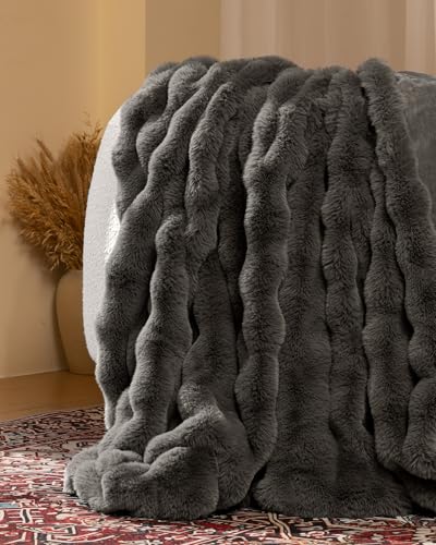 blunique Ultra Soft Cozy Faux Fur Throw Blanket-Fuzzy Plush Thick Bubble Blanket, Fluffy Blanket for Couch, Sofa, Bedroom, and Living Room, 50x60 Inches, Dark Grey - Image 2