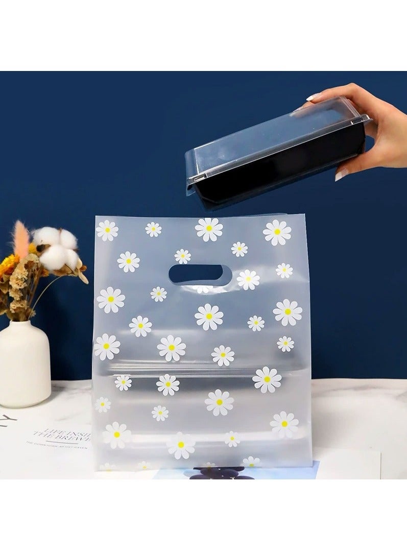 50 قطعة أكياس تسوق بلاستيكية بمقبض وبتصميم زهرة الأقحوان، لأكياس تغليف الكعك والخبز والحلويات، لتغليف الهدايا وحفلات الزفاف أو للأعمال الصغيرة (18*10*25 سم) - Image 3