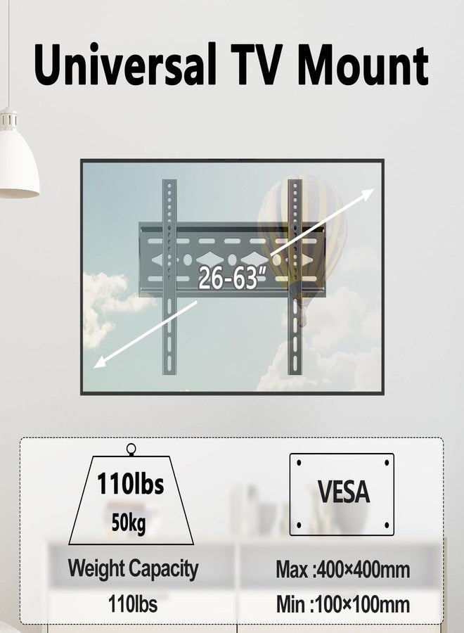 TETVIK Fixed TV Wall Mount for Most 26-63 inch TV Monitor fit Flat Curved Screen Ultra Slim Profile Television Mount Wall Bracket Max VESA 400x400mm Hold Up to110 lbs Wall Mount TV Bracket - Image 2