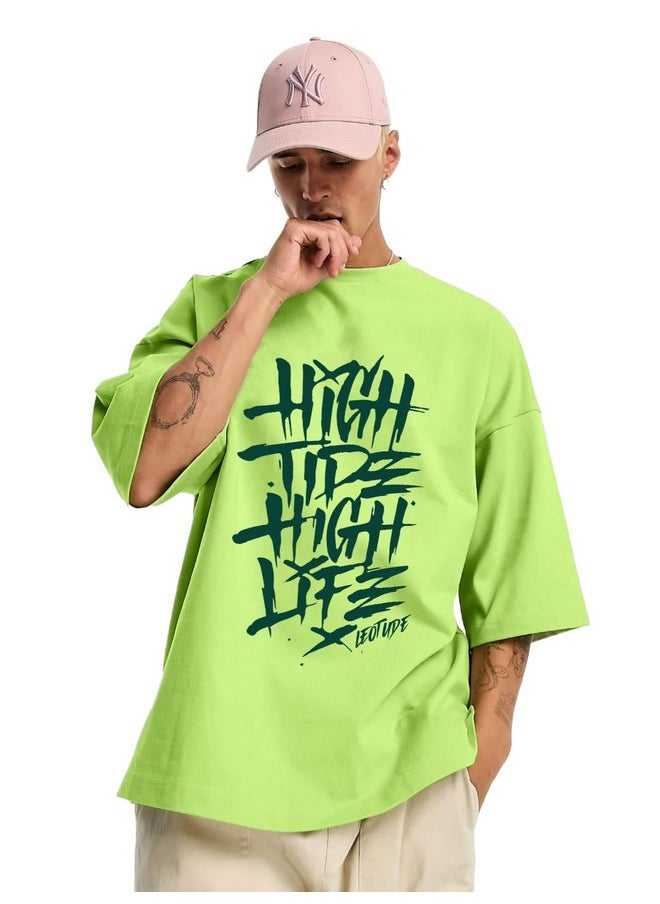 LEOTUDE - LEOTUDE Men's Oversized Half Sleeve Round Neck T Shirt(FS49_HIGH_NN_P_Neon Green_M) - Image 1