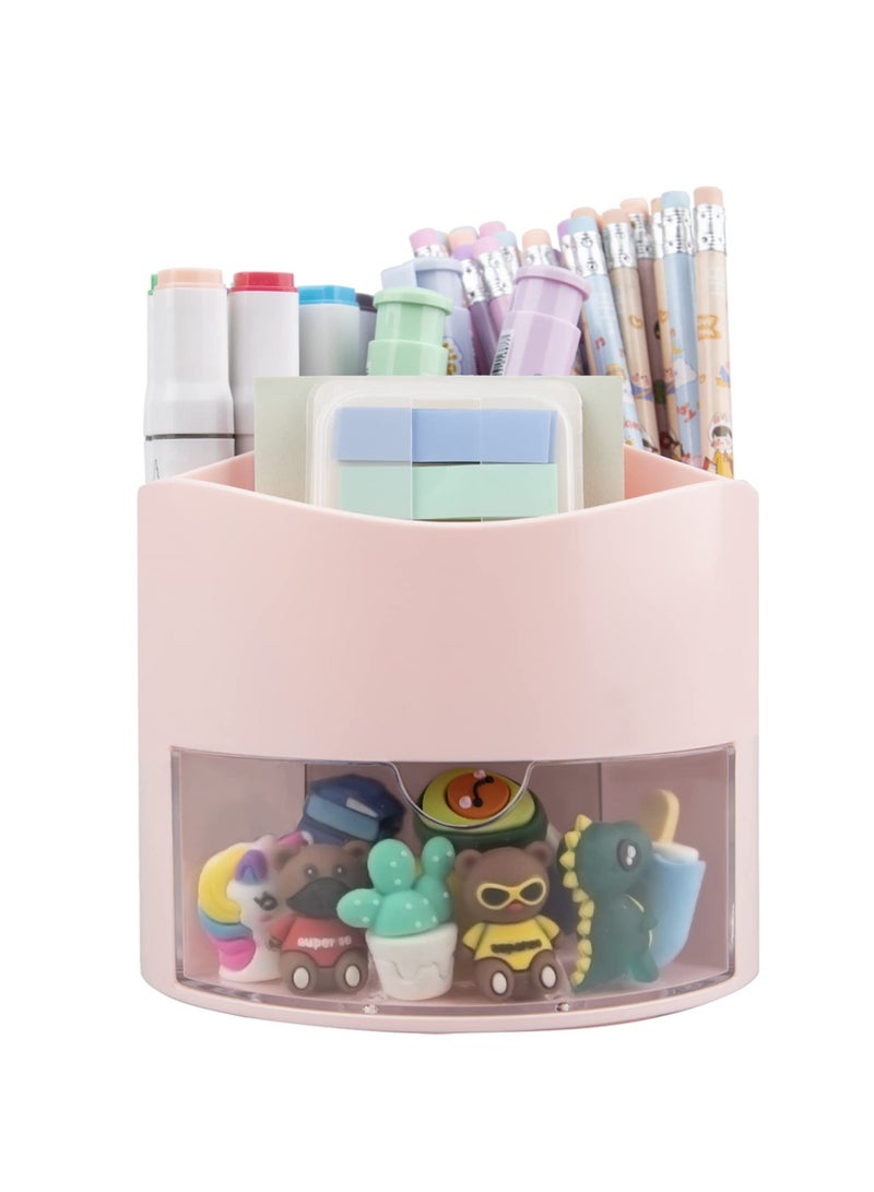 SYOSI SYOSI Pencil Holder, 360 Degree Rotating Pencil Holder with 4 Slots Multifunctional Rotating Pencil Holder Makeup Brush Holder with Drawer for Dressing Table/Home/Office/School (Pink) - Image 1