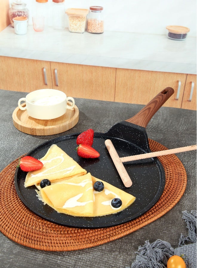 ESLITE LIFE مقلاة بان كيك 24 سم | ألمنيوم | قاعدة تحريض | طلاء غير لاصق | مقاومة للخدوش ودائمة | مقبض خشبي بتصميم أنيق، أسود - Image 2