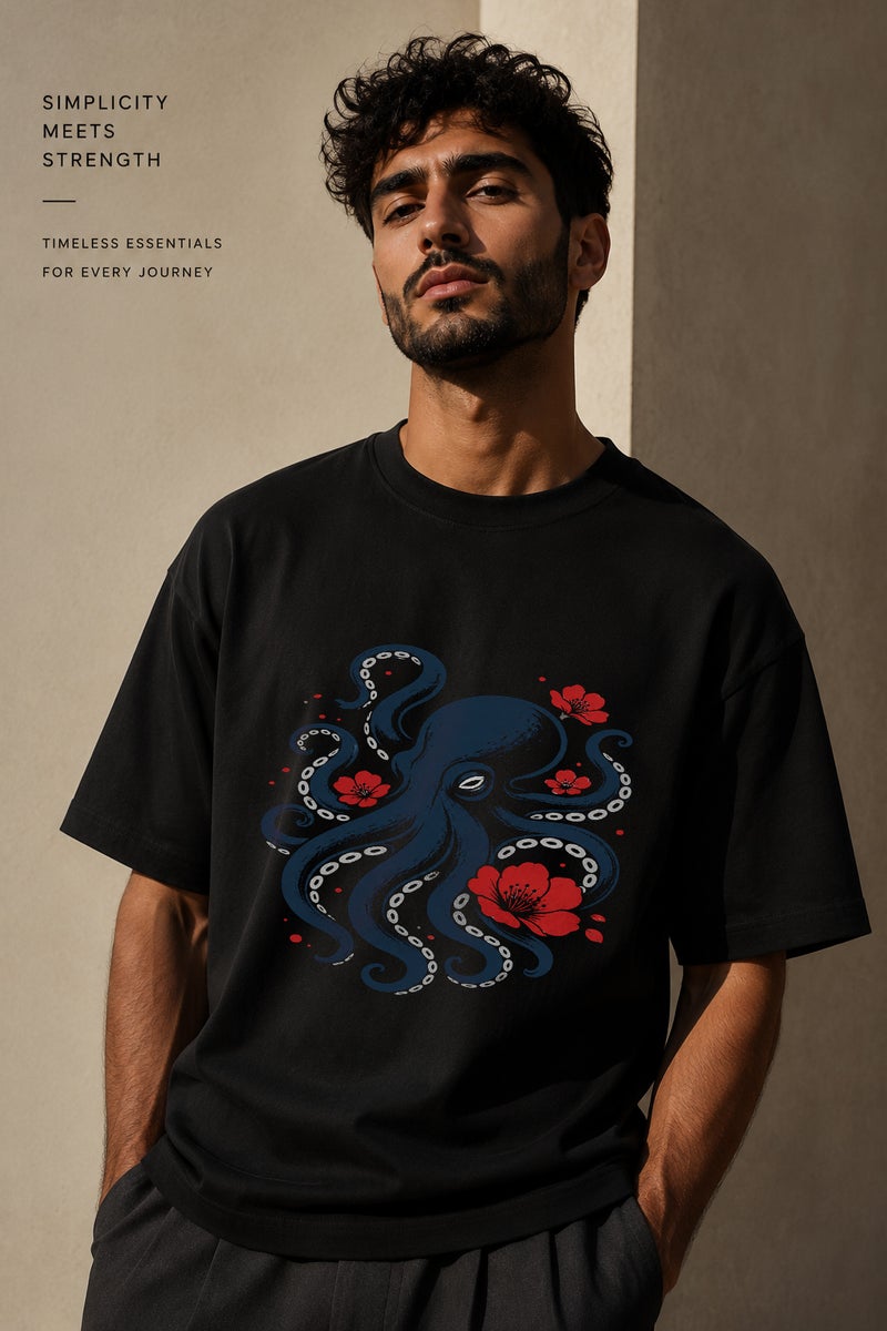 Men's Oversized Black Octopus Graphic T-Shirt Casual Short Sleeve Crew Neck Streetwear Tee - Image 1