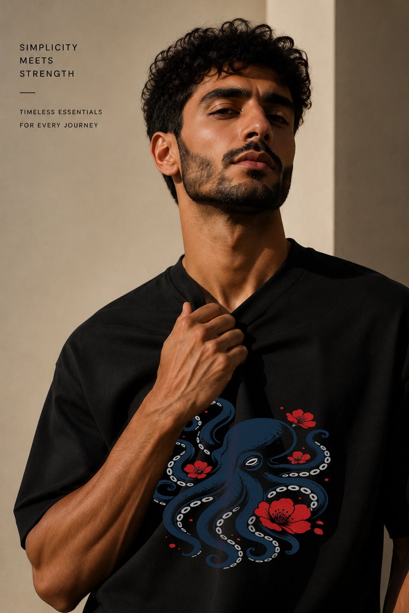 Men's Oversized Black Octopus Graphic T-Shirt Casual Short Sleeve Crew Neck Streetwear Tee - Image 5