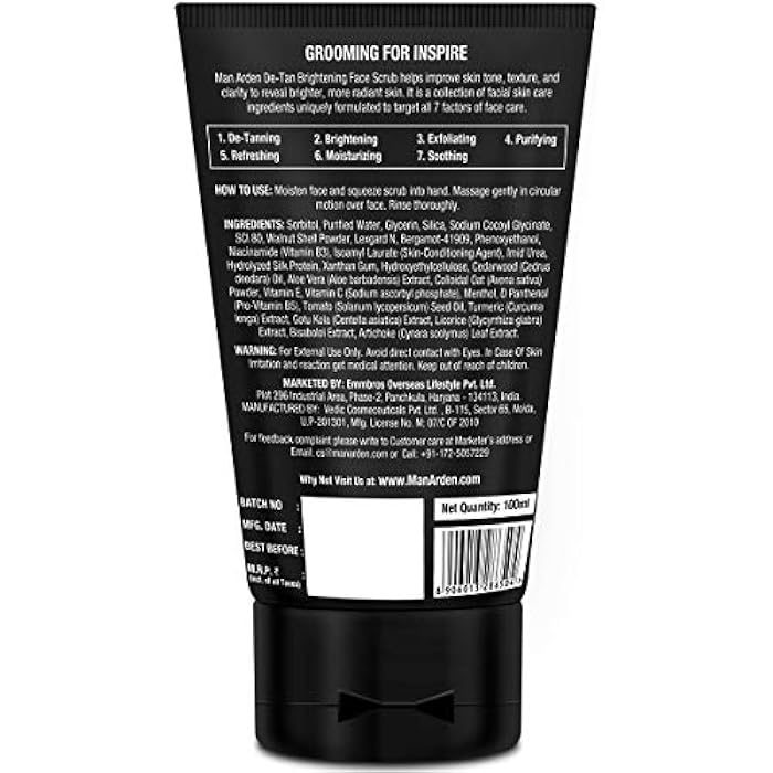 Man Arden De Tan Brightening Face Scrub 100ml - De-Tans & Exfoliates Skin - With Vitamin C - Image 2