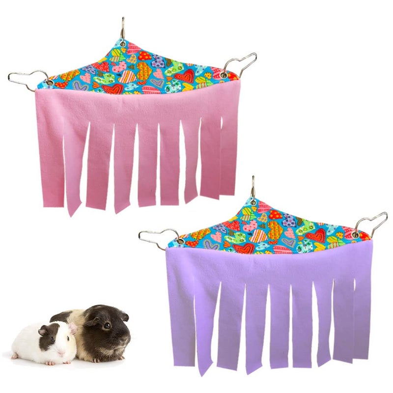 RIOUSSI Guinea Pig Hideout Hideaway Corner Fleece Toys Cage Accessories with Reversible Sides, Heart/Gray-Pink+Purple, Pack of 2 - Image 1