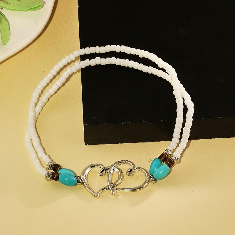 ANGLEQUEEN Elastic Beaded Ankle Bracelets for Women Double Heart Layered Stretch Ankle Bracelets Waterproof Dainty Boho Beaded Anklets for Summer Beach Foot Jewelry (White Silver) - Image 5