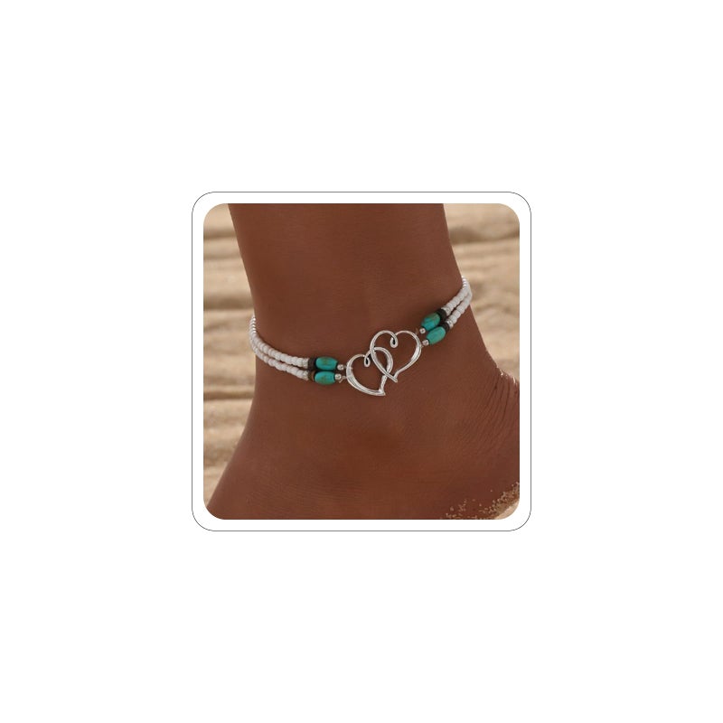 ANGLEQUEEN Elastic Beaded Ankle Bracelets for Women Double Heart Layered Stretch Ankle Bracelets Waterproof Dainty Boho Beaded Anklets for Summer Beach Foot Jewelry (White Silver) - Image 1