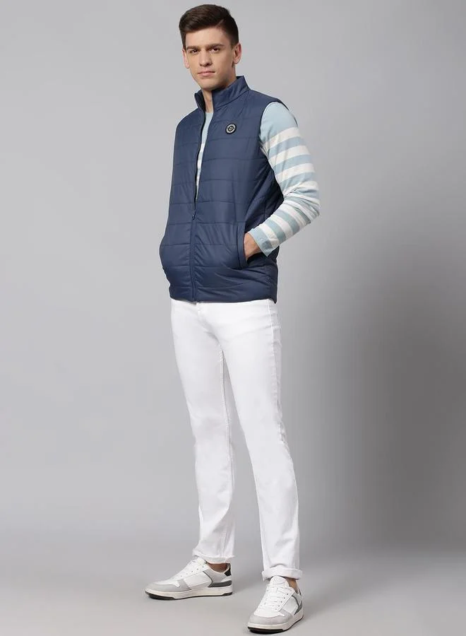 Dennis Lingo Bright Navy Regular Fit Men's Solid Mock Neck Sleeveless Polyester Jacket with Zipper Closure