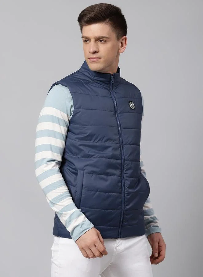 Dennis Lingo Bright Navy Regular Fit Men's Solid Mock Neck Sleeveless Polyester Jacket with Zipper Closure