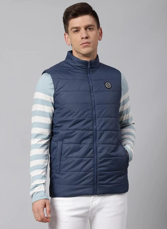 Dennis Lingo Bright Navy Regular Fit Men's Solid Mock Neck Sleeveless Polyester Jacket with Zipper Closure